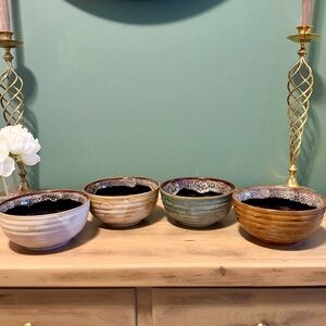 Rustic Stoneware Bowls Set of 4 Studio Pottery Style Soup Cereal